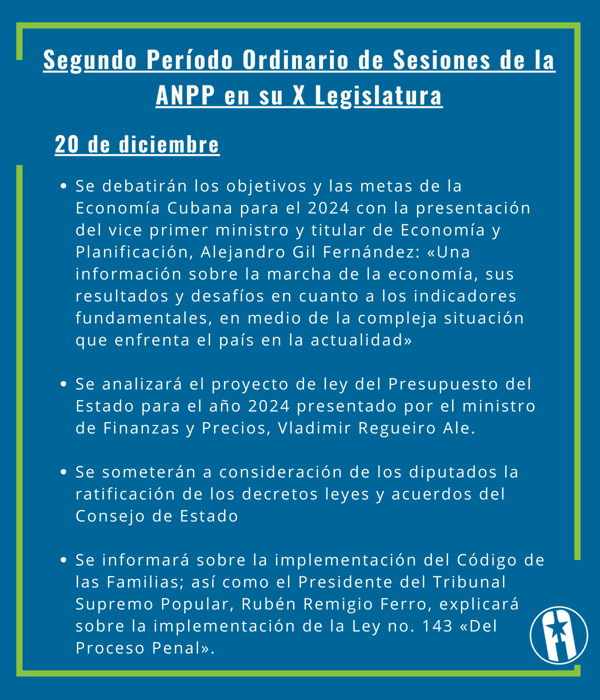 Segundo Periodo Ordinario de Sesiones de la ANPP orden del dia 20 dic